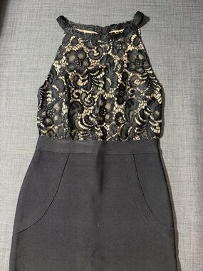 Black Lace Halter Dress with Nude Lining